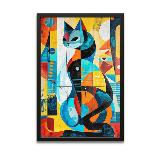 Cubist Cat Wall Art — pop art canvas print in blue tones, with Premium Black frame on white background