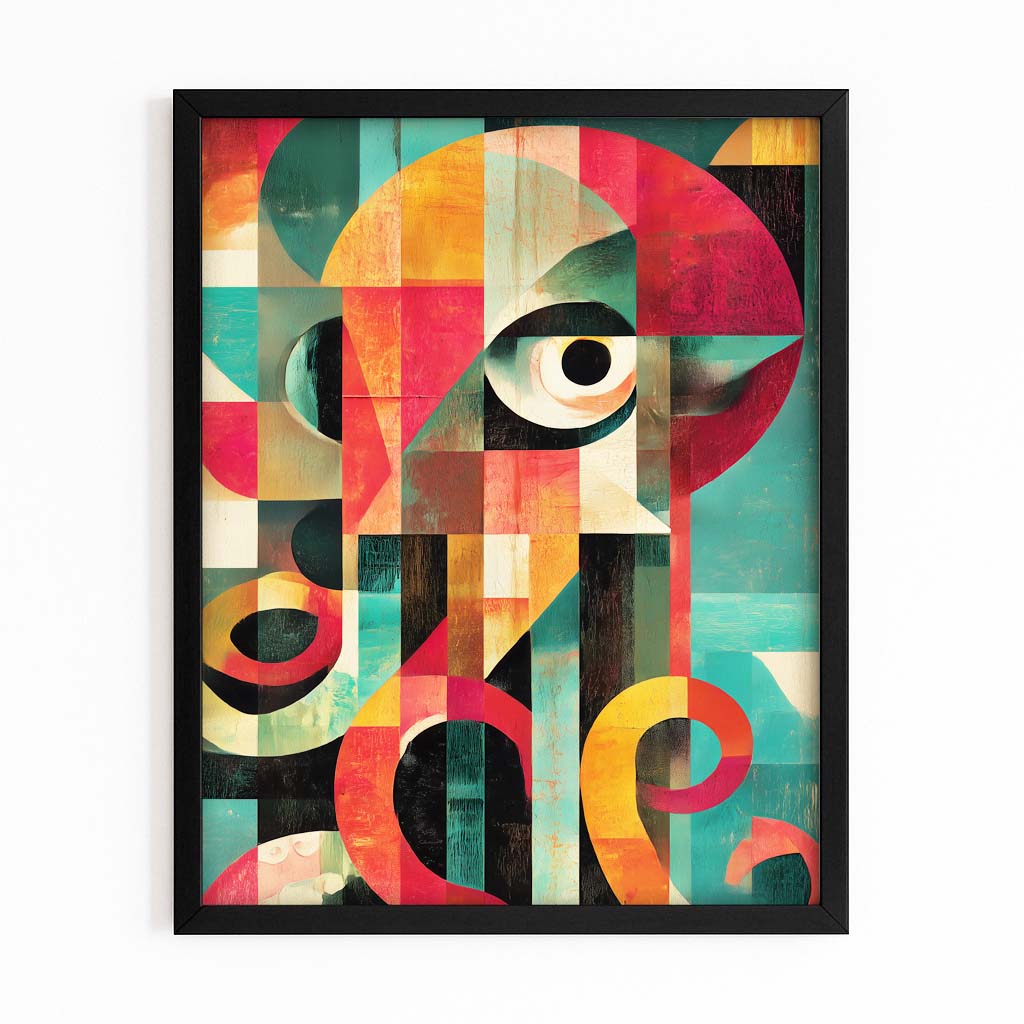 Cubist Eye Blocks Octopus Canvas – with Premium Black frame on white background