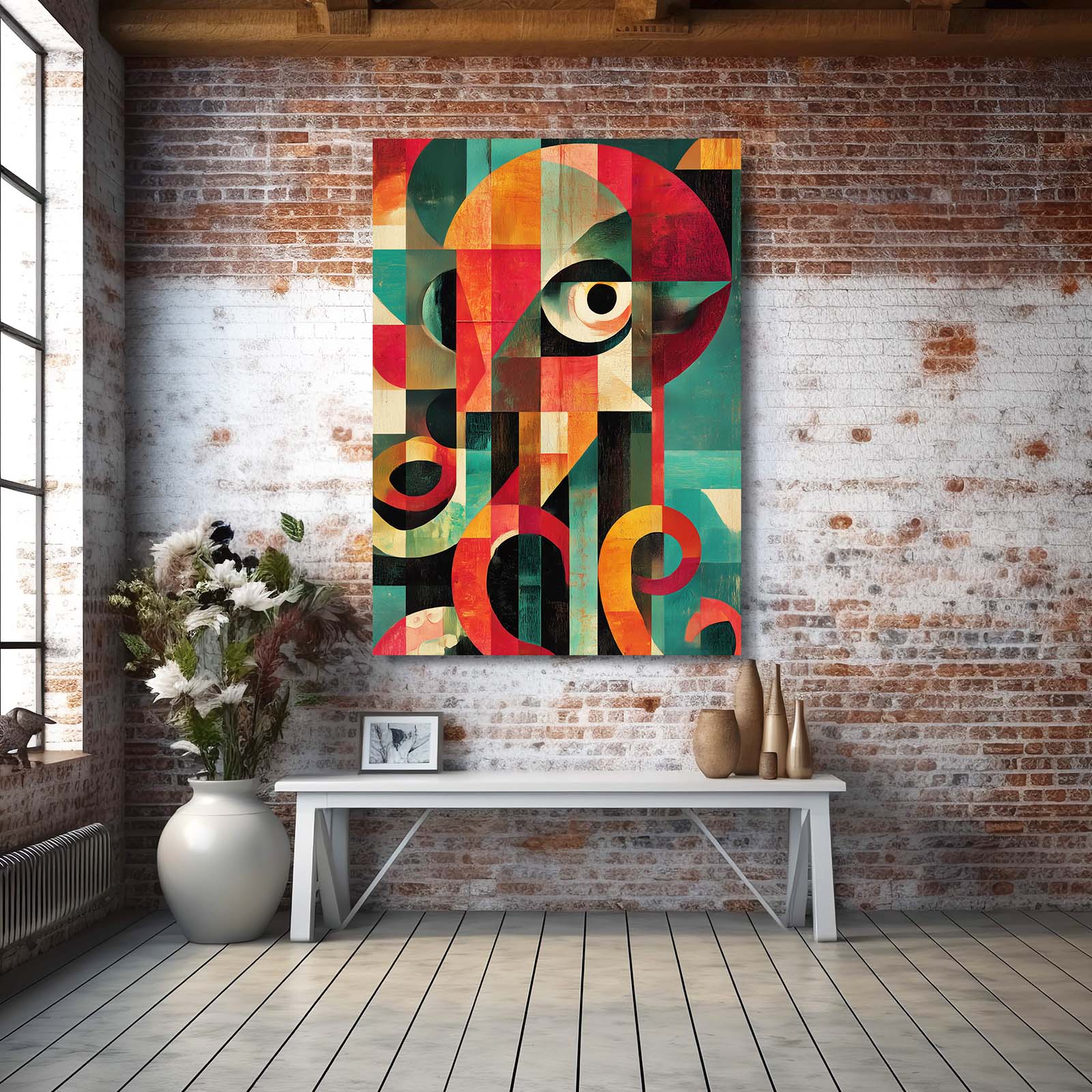 Cubist Eye Blocks Octopus Canvas – styled in a furnished interior