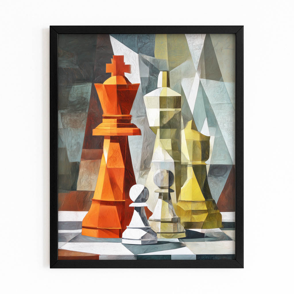 Cubist King Duel Chess Wall Art – with Premium Black frame on white background