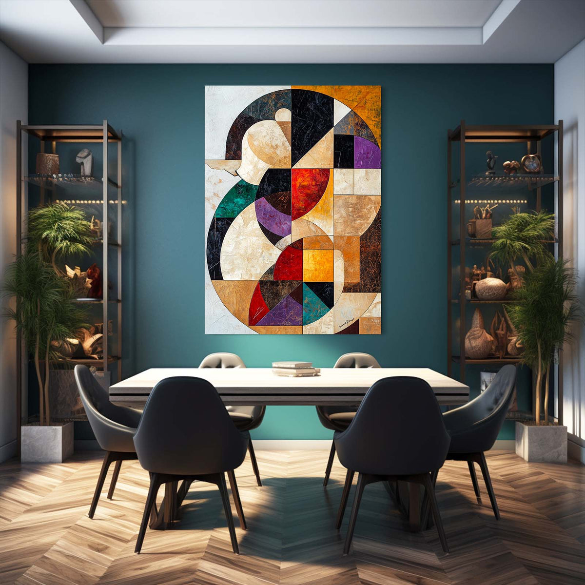 Cubist Mosaic Bird Wall Art — abstract canvas print, styled in a furnished interior