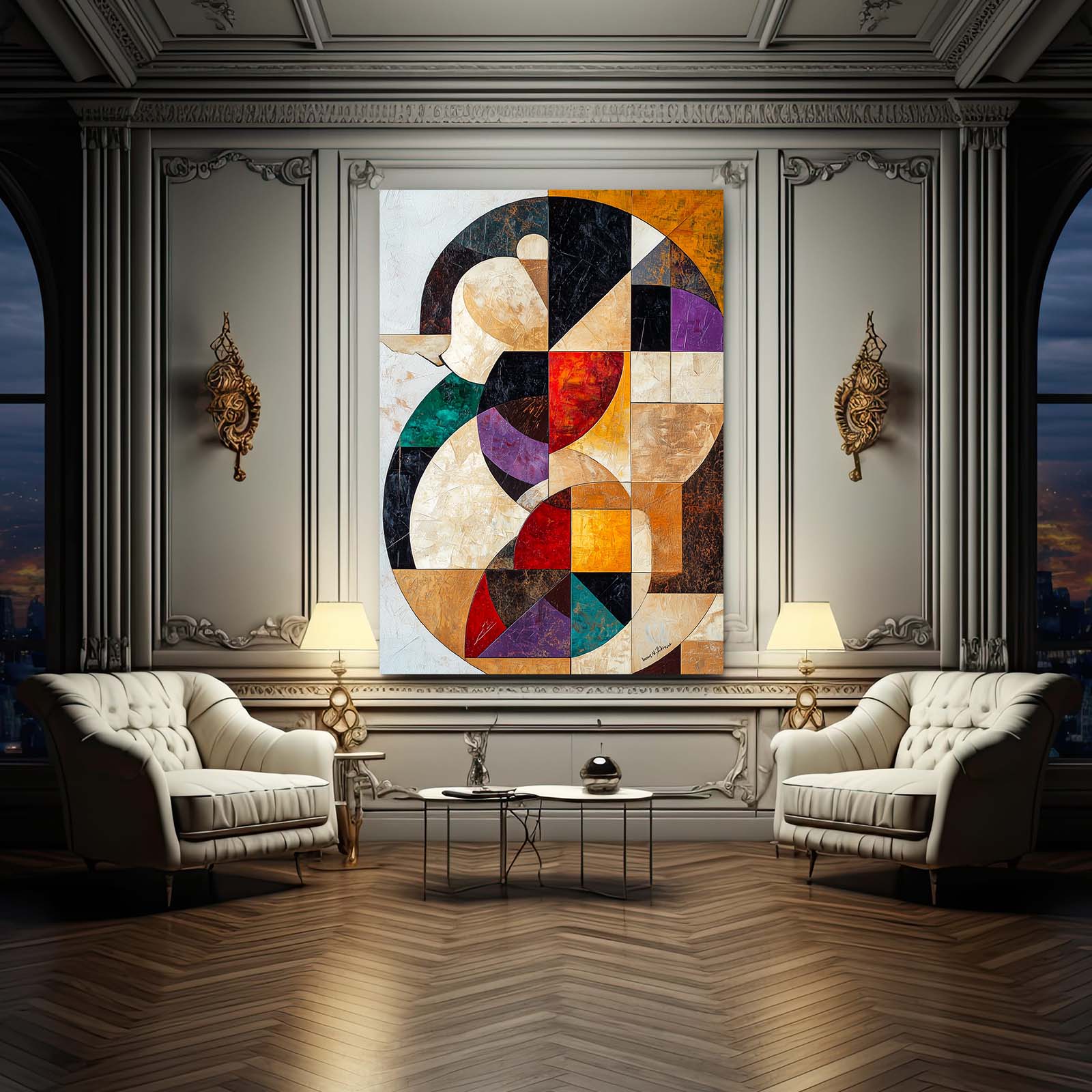 Cubist Mosaic Bird Wall Art — abstract canvas print, styled in a furnished interior