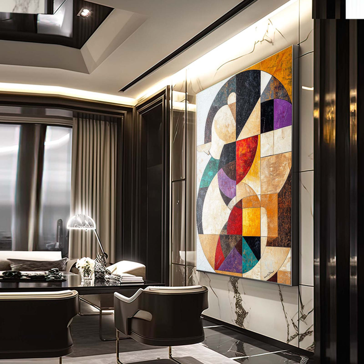 Cubist Mosaic Bird Wall Art — abstract canvas print, styled in a furnished interior
