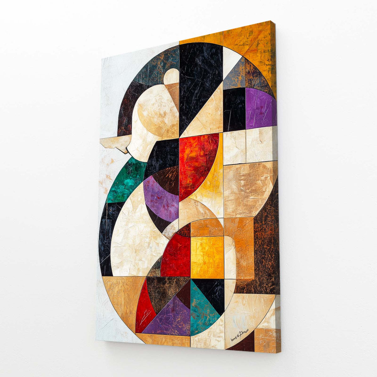 Cubist Mosaic Bird Wall Art — abstract canvas print, angled canvas view on white background