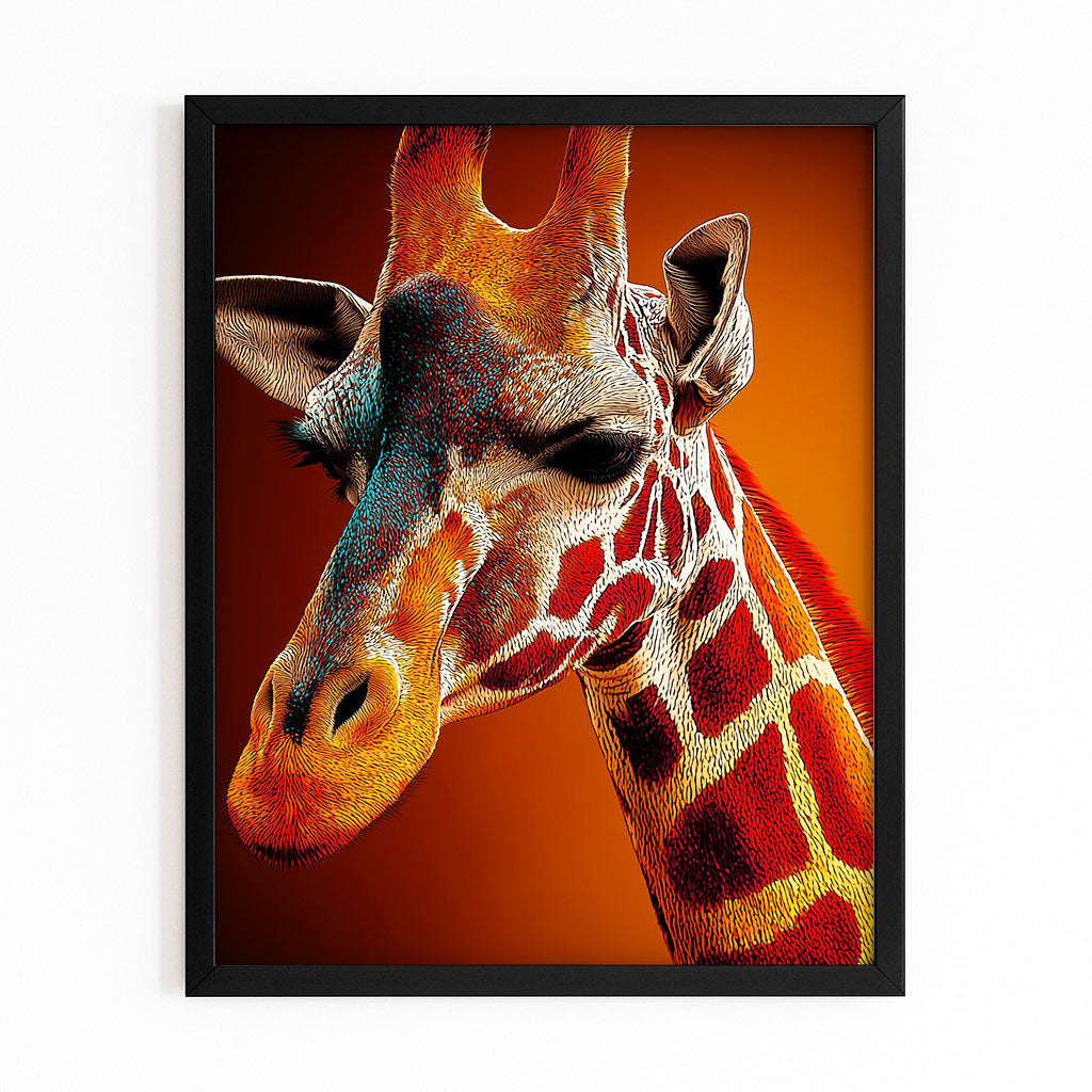 Framed artwork of a giraffe with a warm color palette on an orange background