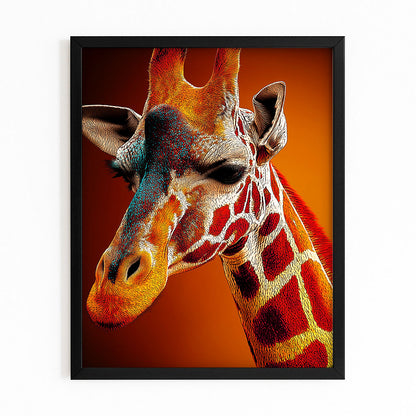 Framed artwork of a giraffe with a warm color palette on an orange background