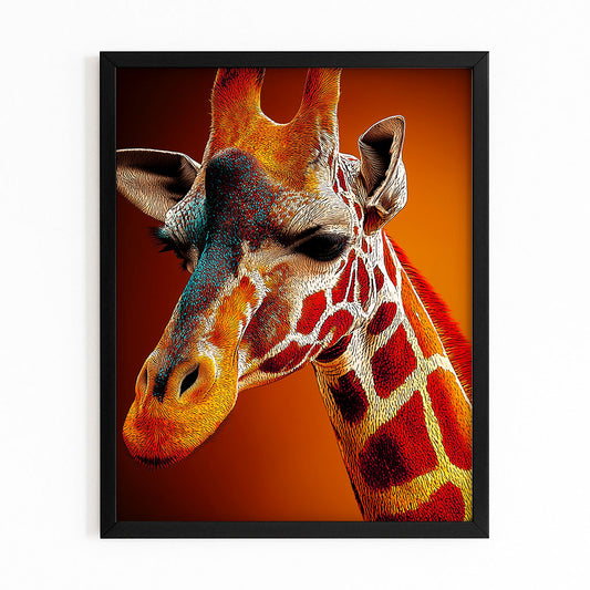 Framed artwork of a giraffe with a warm color palette on an orange background