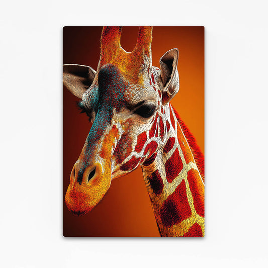 Canvas print of a giraffe with a warm color palette on an orange background