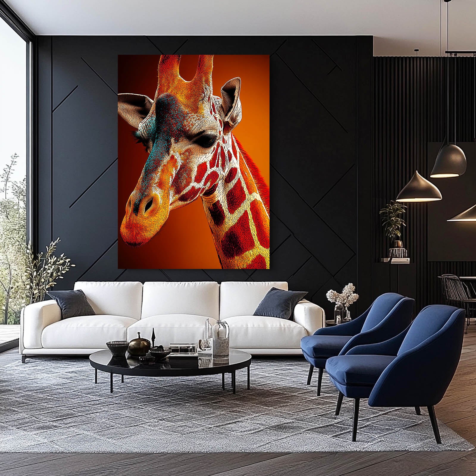 Modern living room with a large giraffe painting on the wall