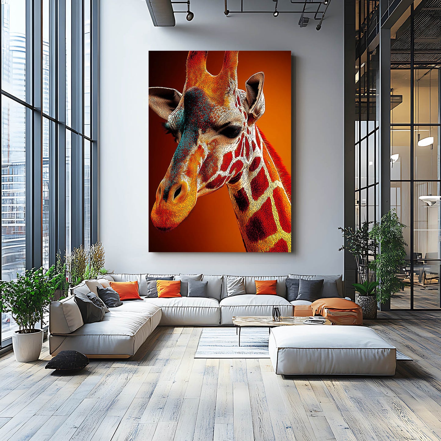 Modern living room with a large giraffe painting on the wall