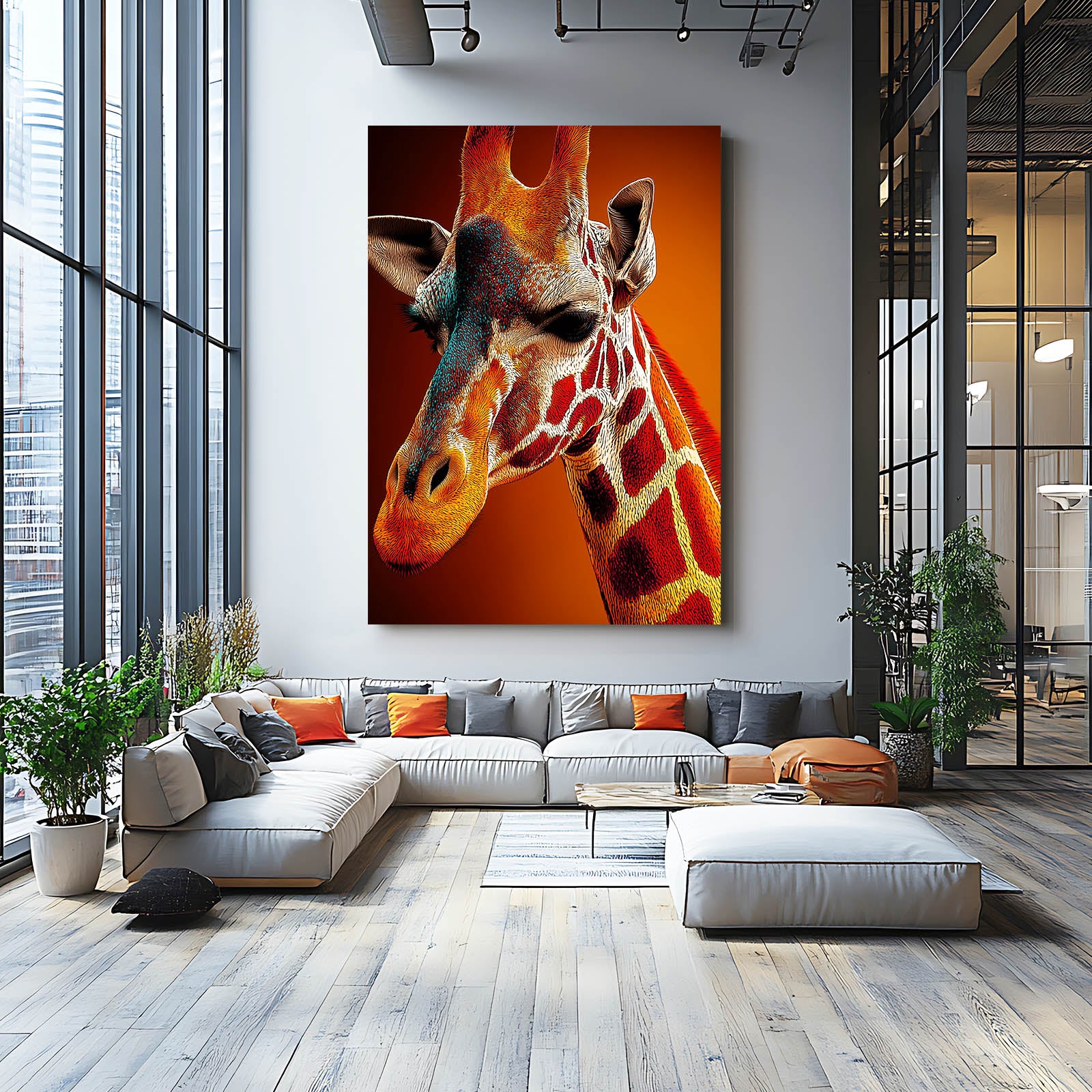 Modern living room with a large giraffe painting on the wall