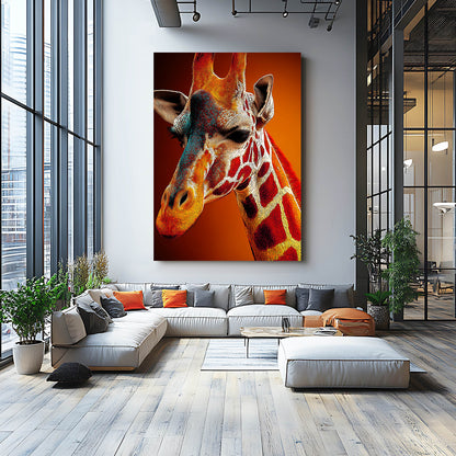 Modern living room with a large giraffe painting on the wall
