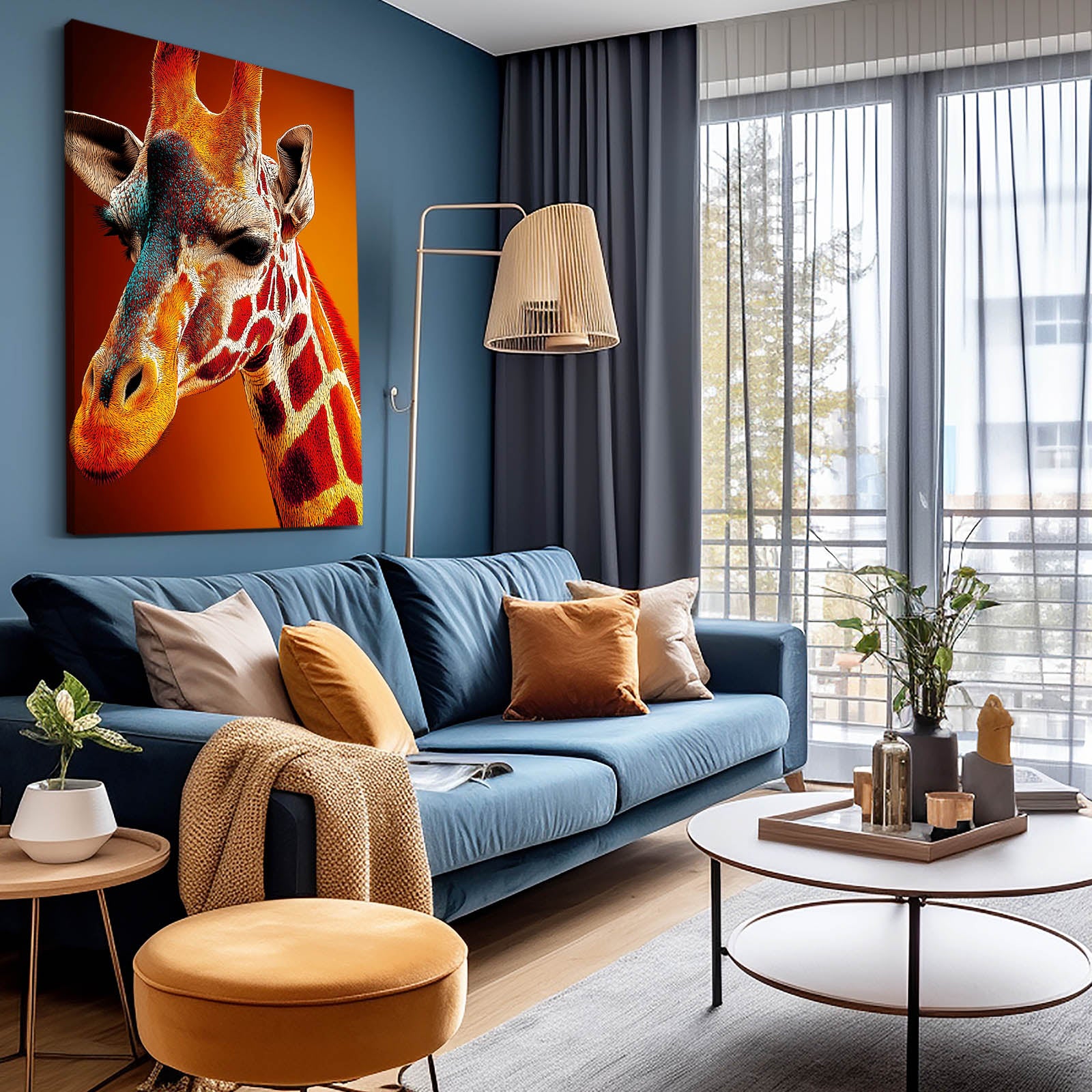 Modern living room with blue sofa, orange ottoman, and large giraffe painting on wall.