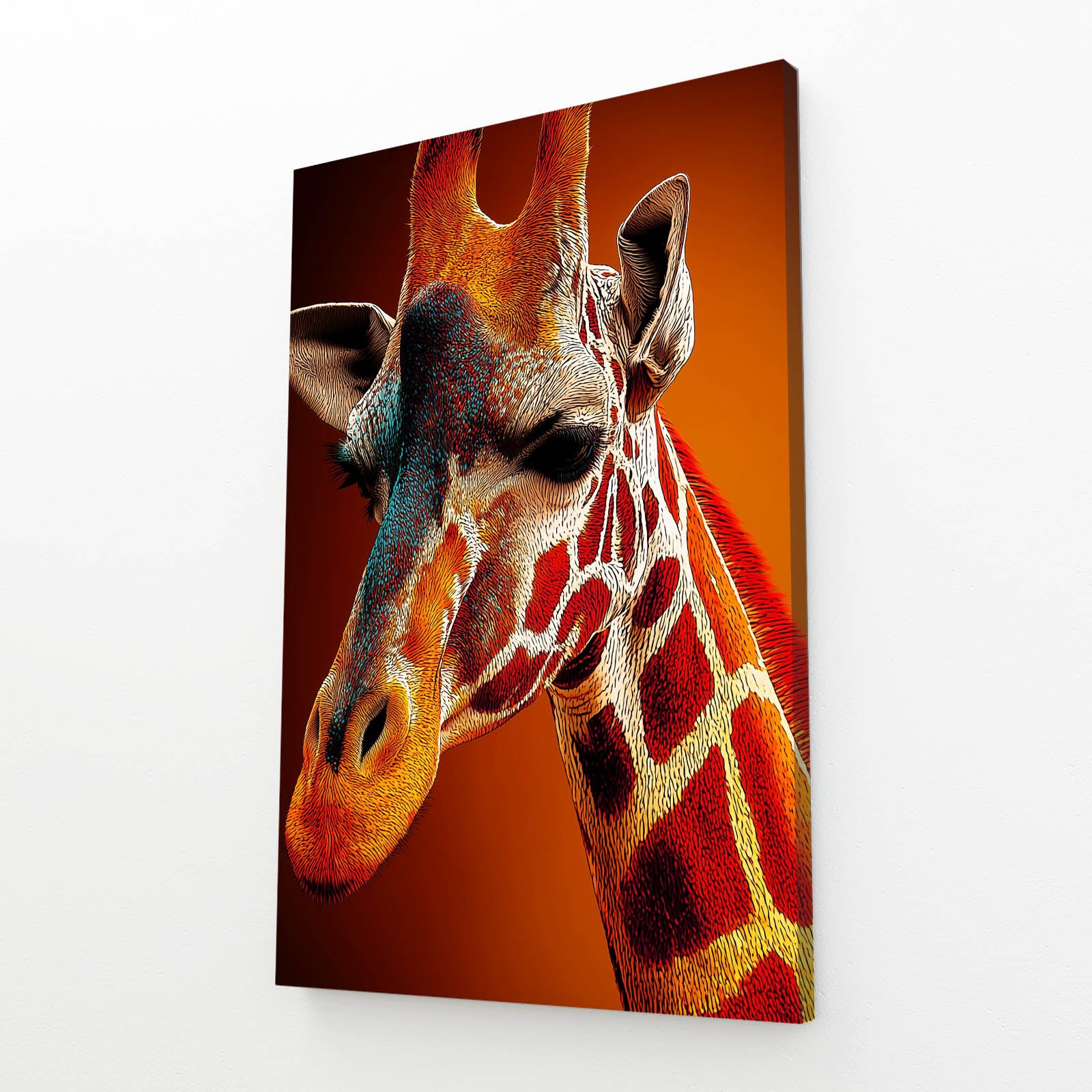 Canvas print of a giraffe's head with a warm color palette on a white wall.