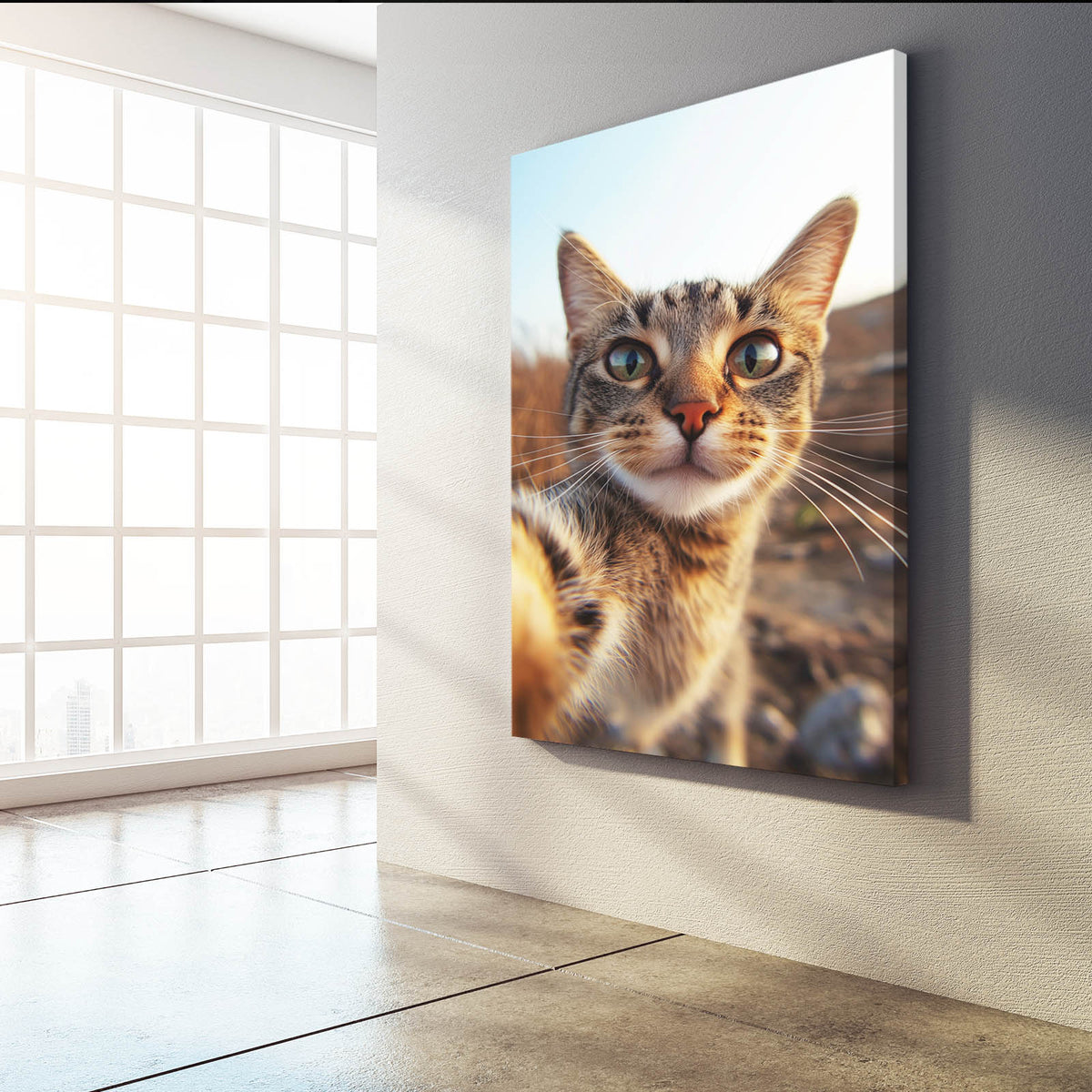 Curious Kitten Selfie Cat Art — photography canvas print, styled in a furnished interior