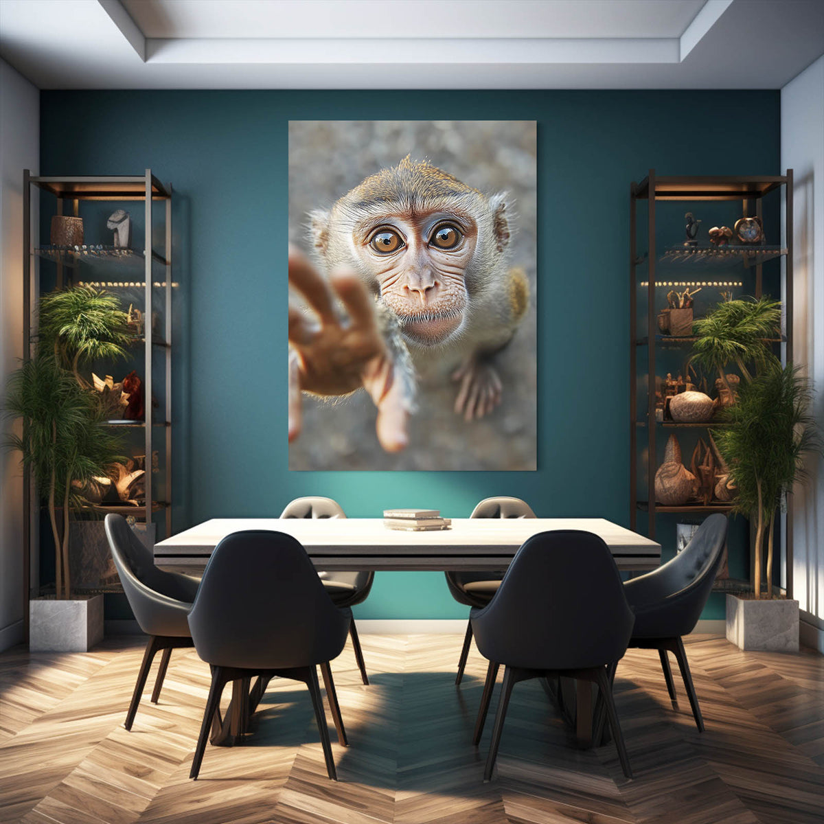 Curious Reaching Hand Monkey Wall Decor — photography canvas print, styled in a furnished interior