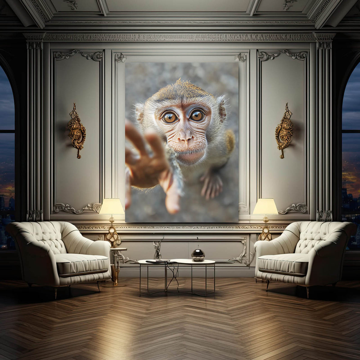 Curious Reaching Hand Monkey Wall Decor — photography canvas print, styled in a furnished interior
