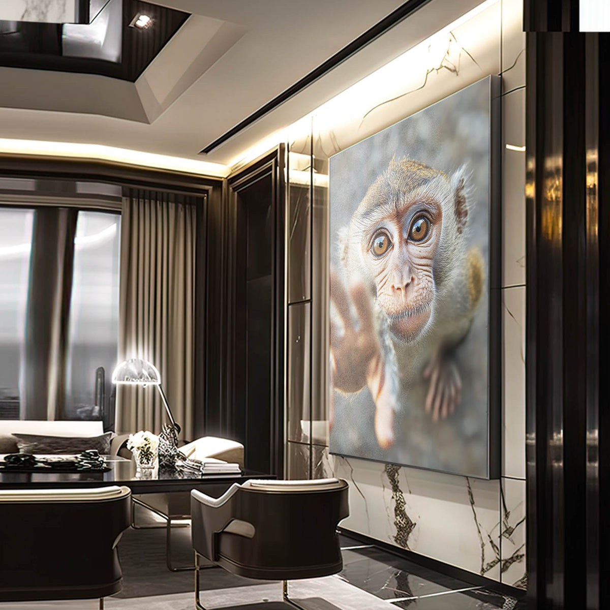 Curious Reaching Hand Monkey Wall Decor — photography canvas print, styled in a furnished interior