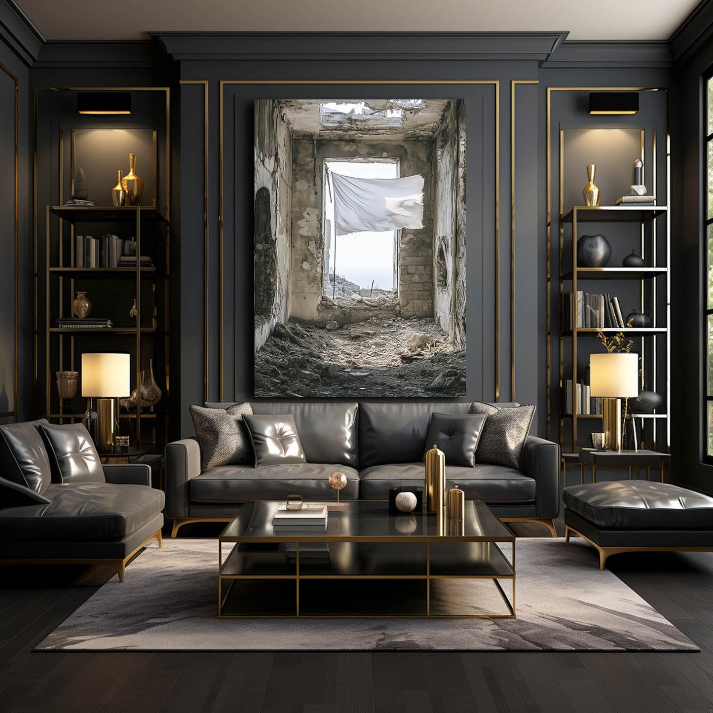 Curtain In Ruins Peace Prints – styled in a furnished interior