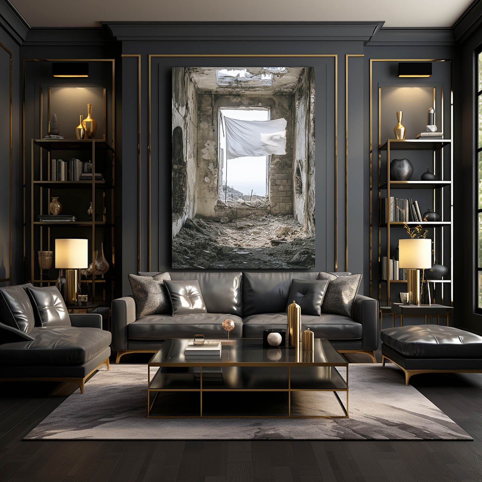 Curtain In Ruins Peace Prints – styled in a furnished interior