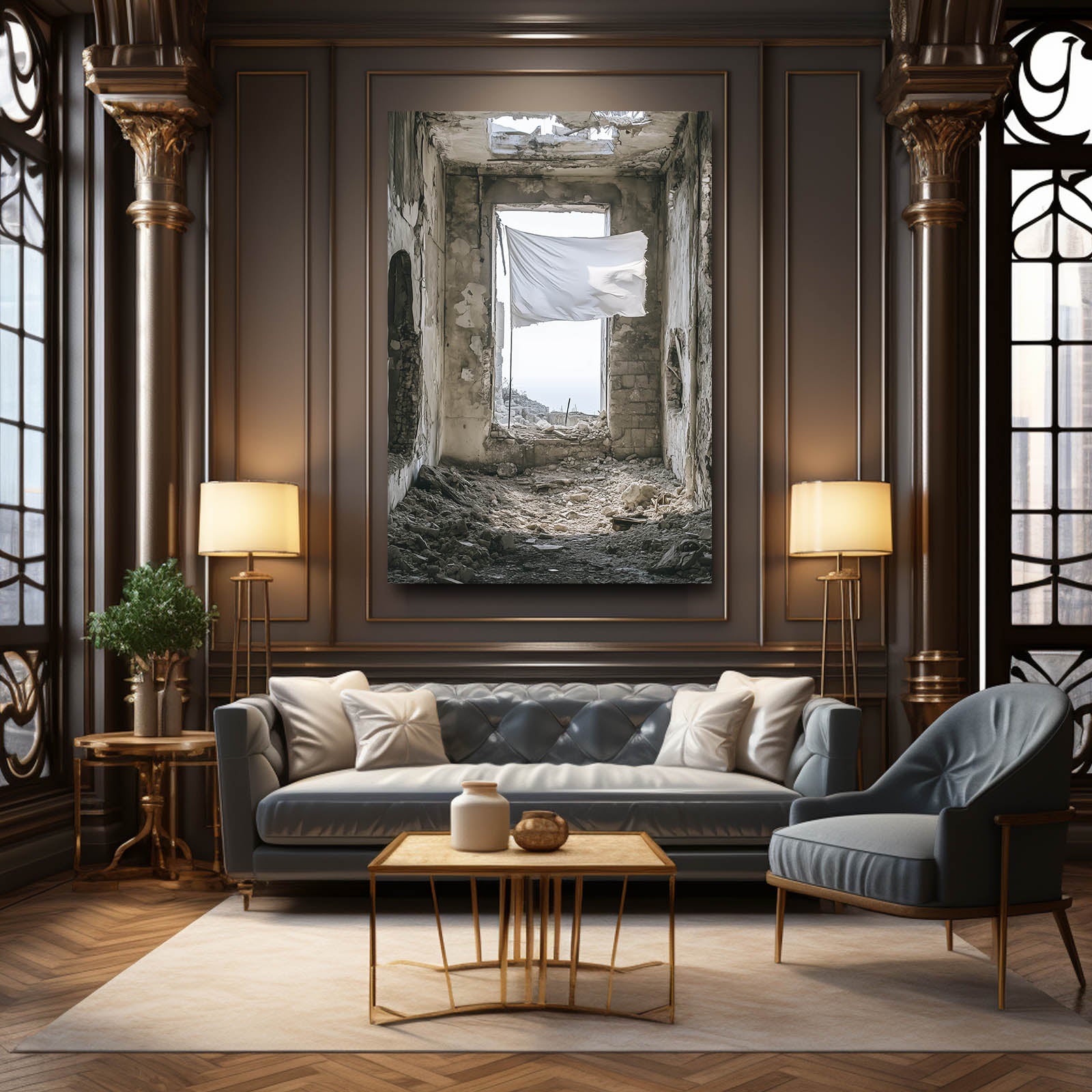 Curtain In Ruins Peace Prints – styled in a furnished interior