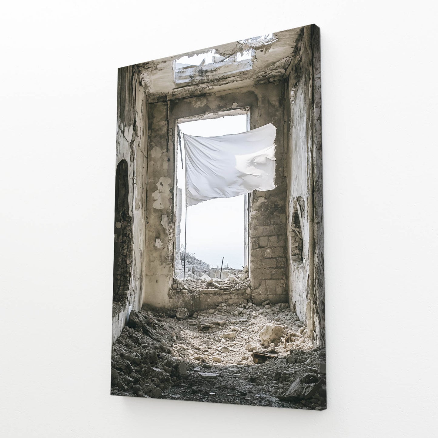 Curtain In Ruins Peace Prints – angled canvas view on white background