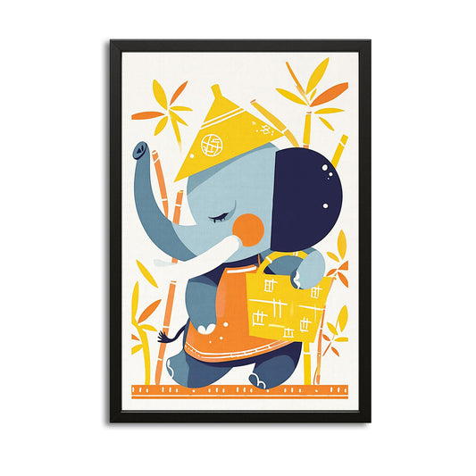 Cute Bamboo Elephant Art — cute canvas print in orange tones, with Premium Black frame on white background