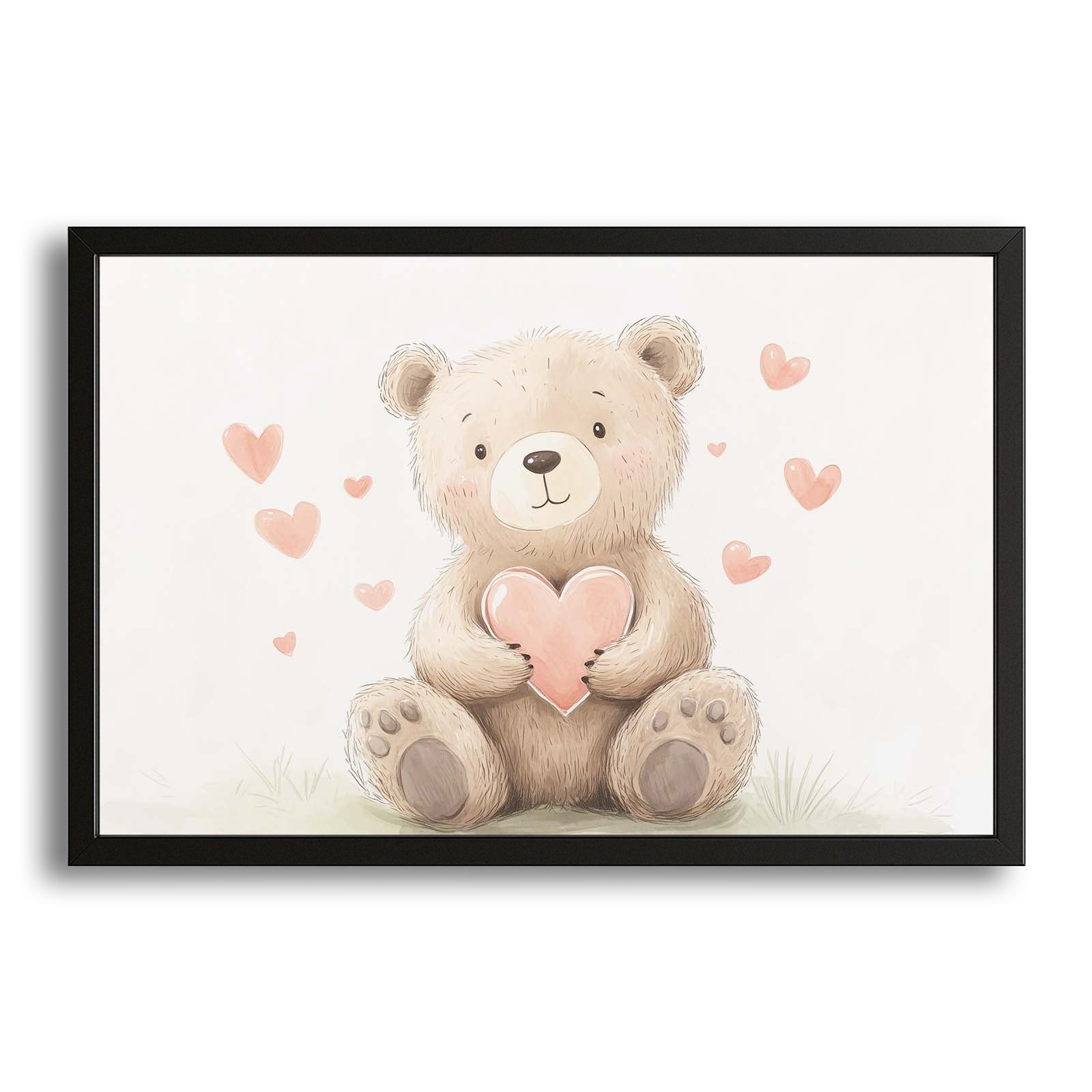 Cute Bear Art — cute canvas print in white tones, with Premium Black frame on white background