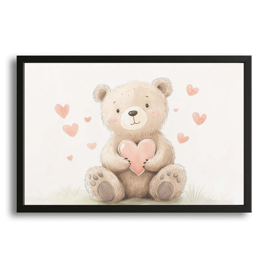 Cute Bear Art — cute canvas print in white tones, with Premium Black frame on white background