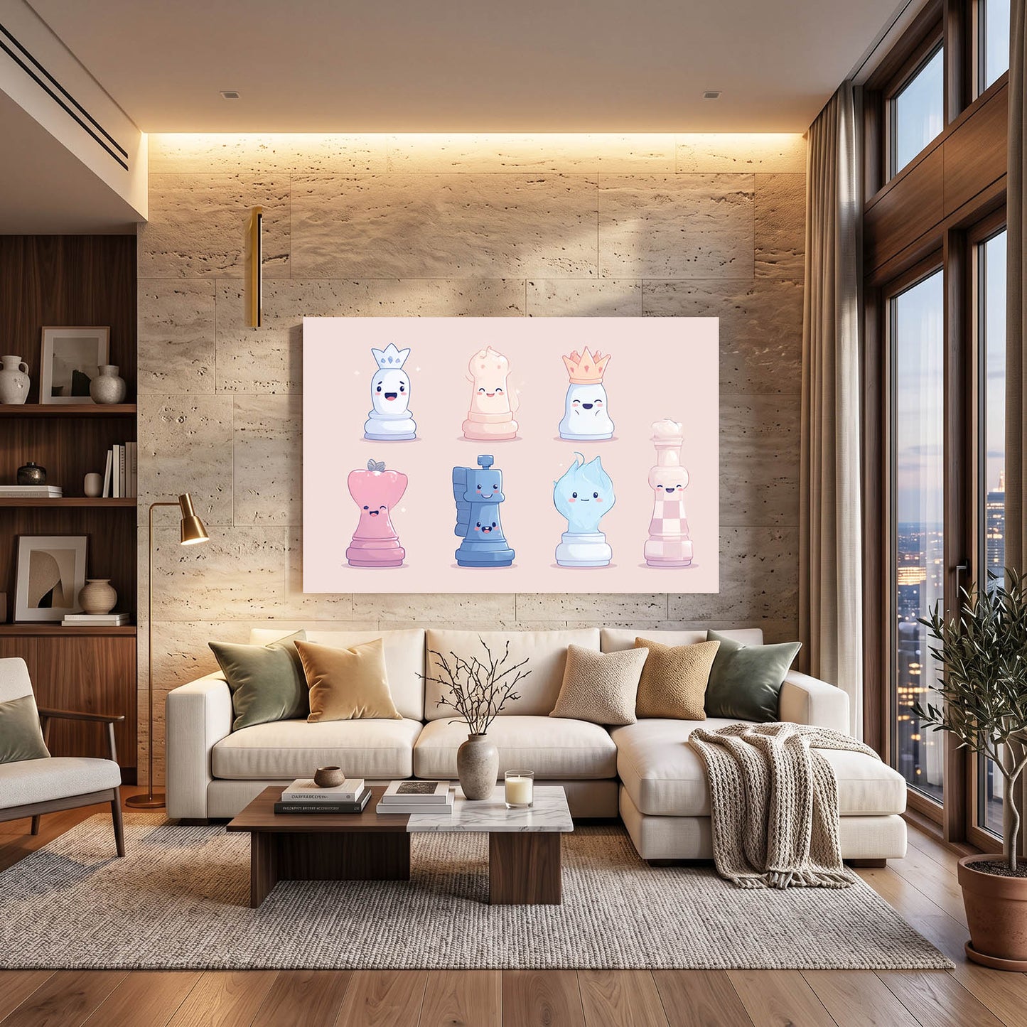 Cute Blush Set Chess Canvas Art – styled in a furnished interior