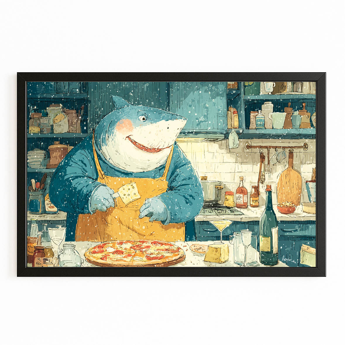 Cute Chef Shark Art – with Premium Black frame on white background