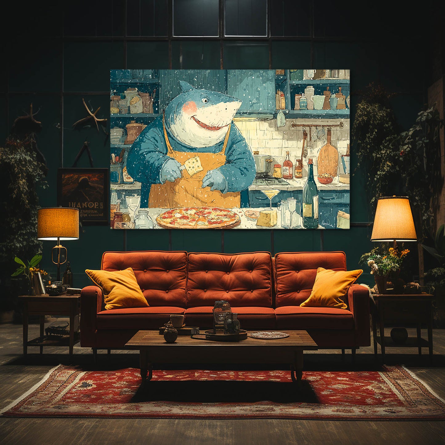 Cute Chef Shark Art – styled in a furnished interior