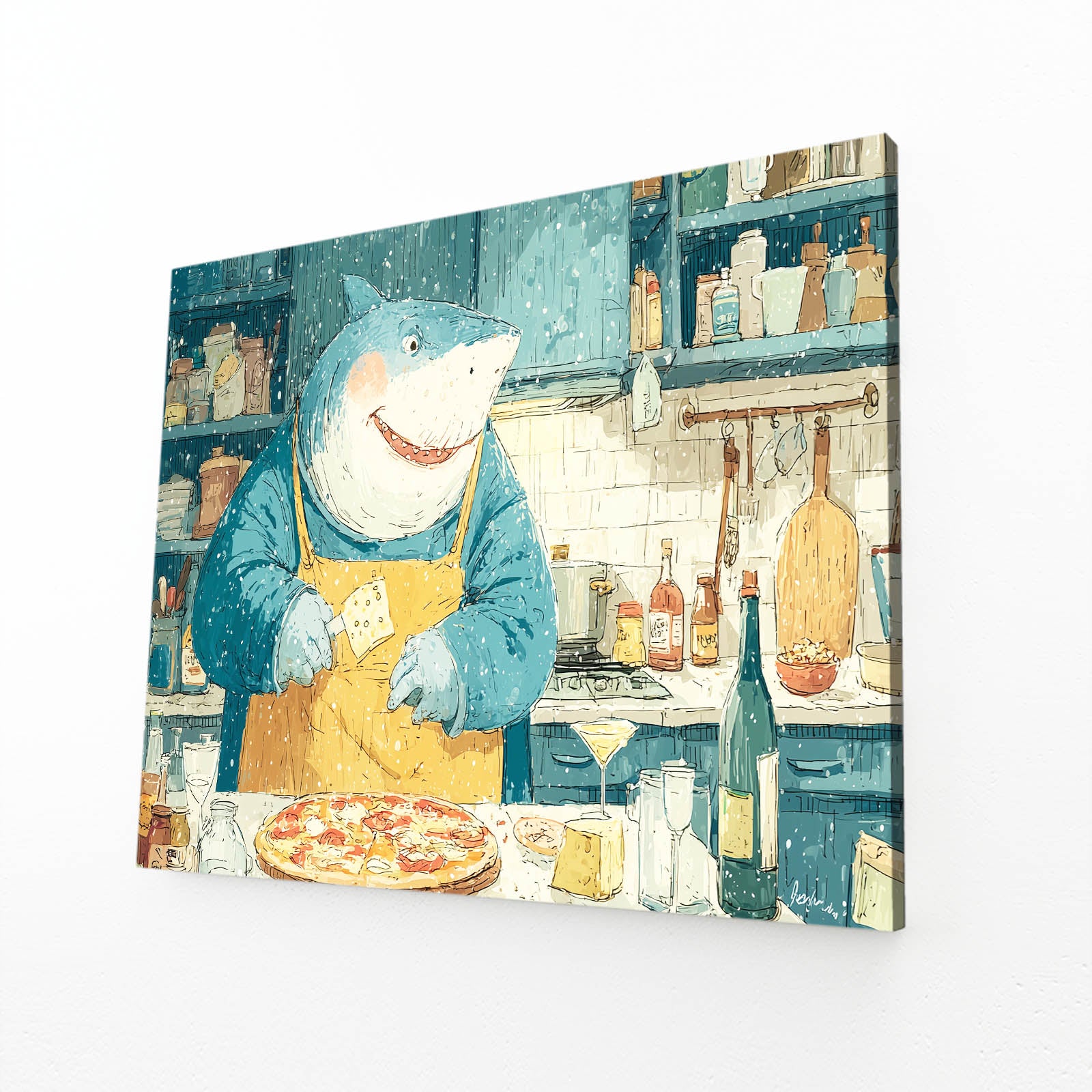 Cute Chef Shark Art – angled canvas view on white background