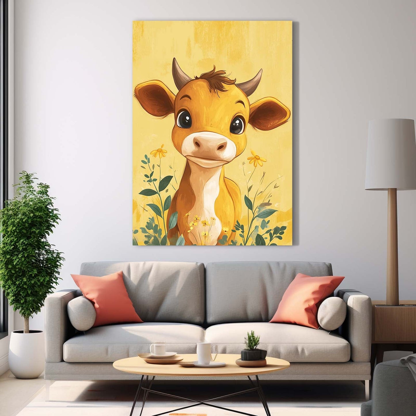 Cute Cow Art – angled canvas view on white background