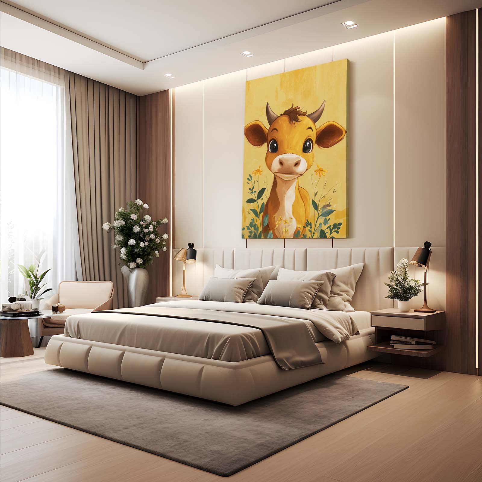 Cute Cow Art – angled canvas view on white background