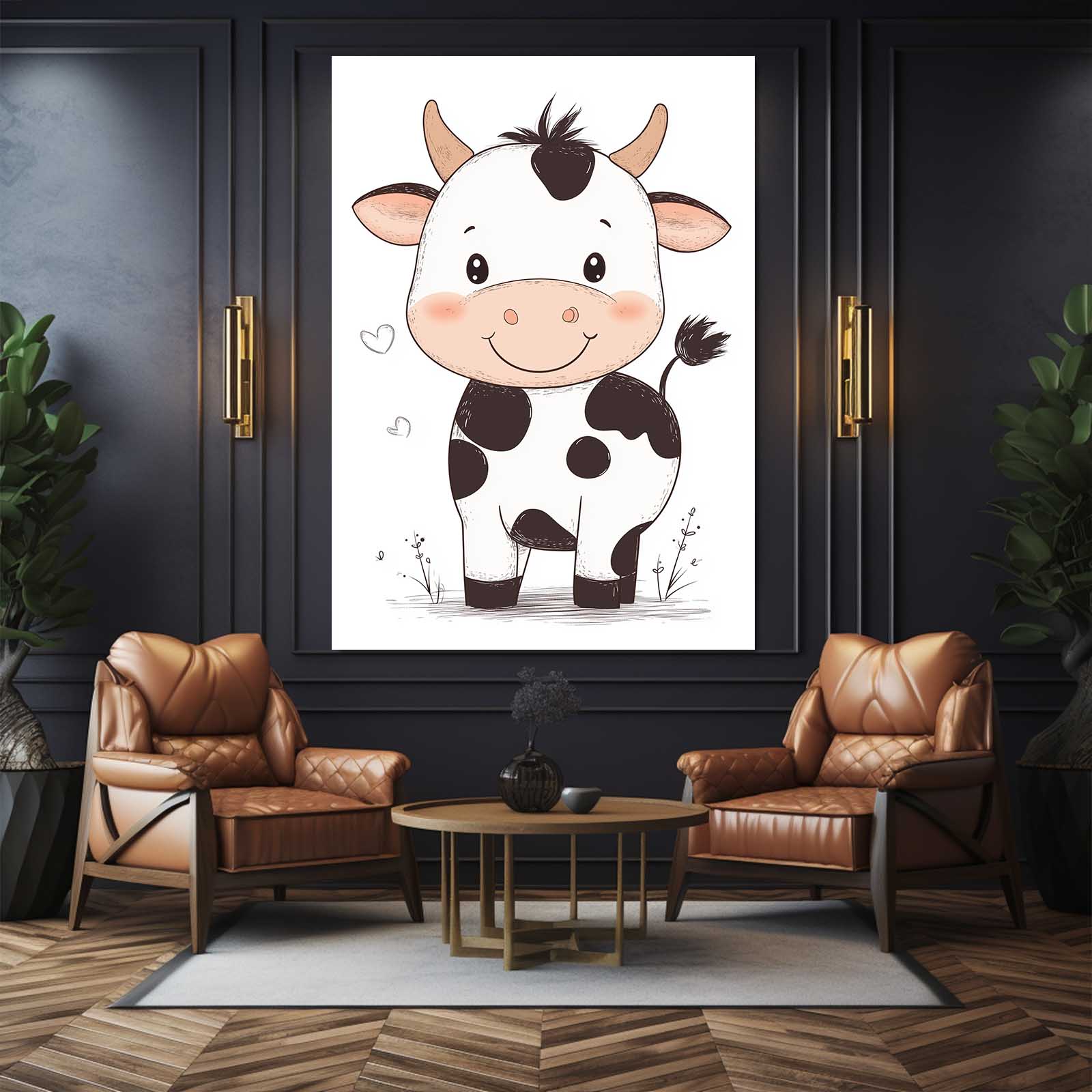 Cute Cow Wall Art – angled canvas view on white background