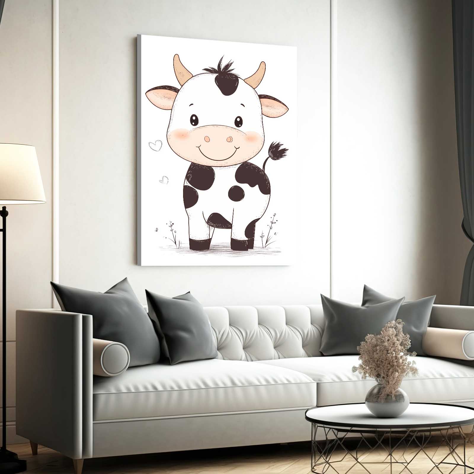 Cute Cow Wall Art – angled canvas view on white background