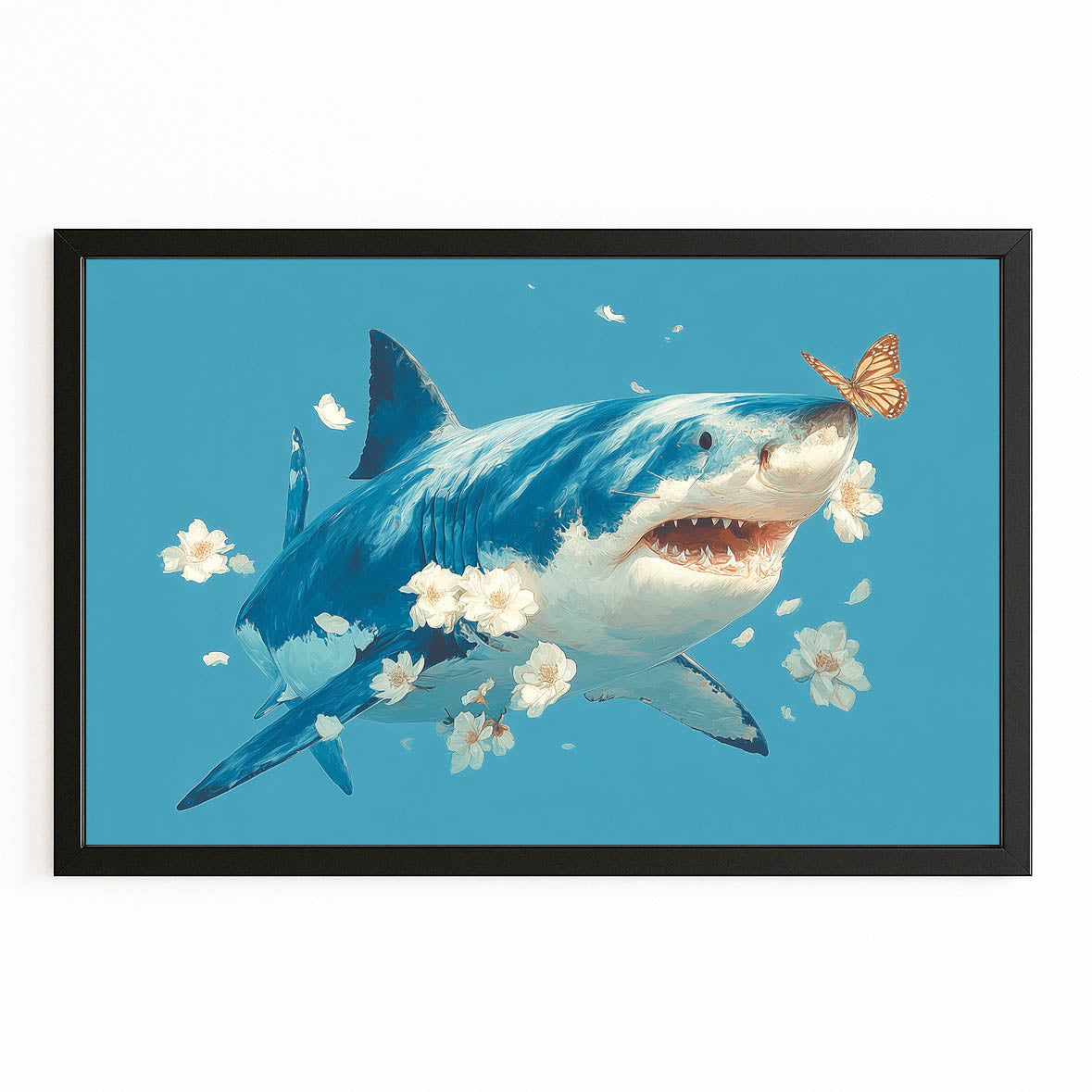 Cute Floral Blue Shark Prints – with Premium Black frame on white background