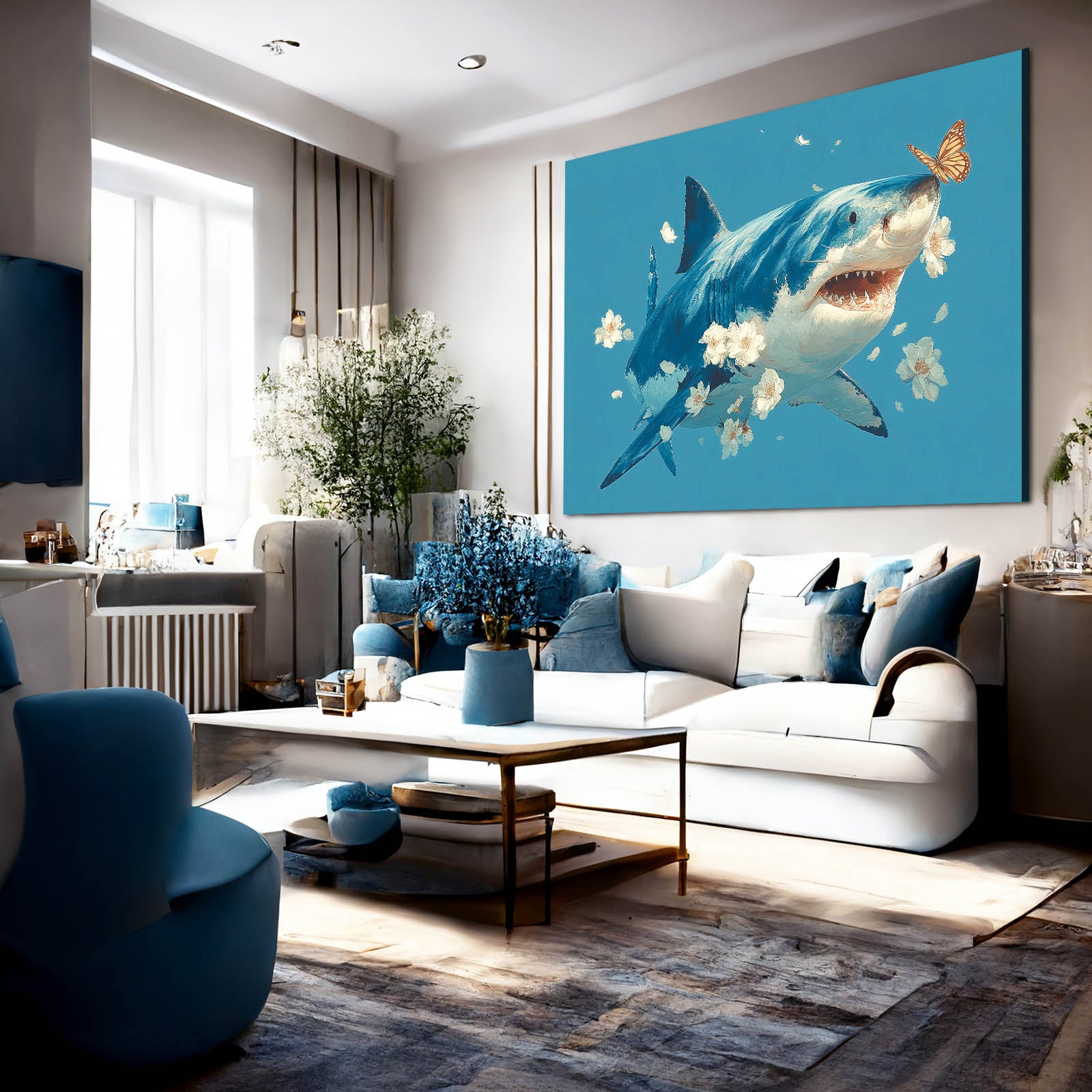 Cute Floral Blue Shark Prints – styled in a furnished interior