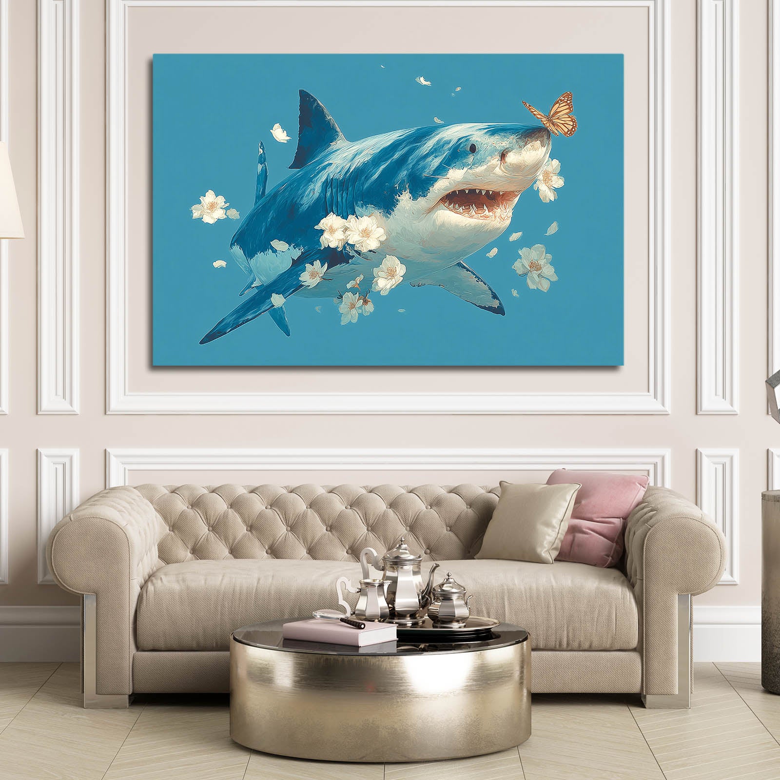 Cute Floral Blue Shark Prints – styled in a furnished interior