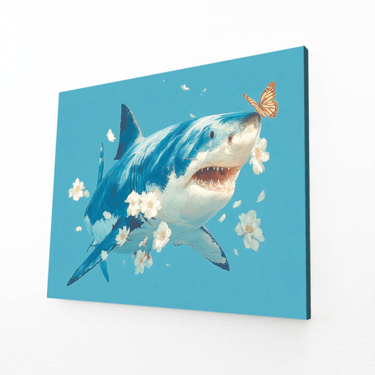 Cute Floral Blue Shark Prints – angled canvas view on white background