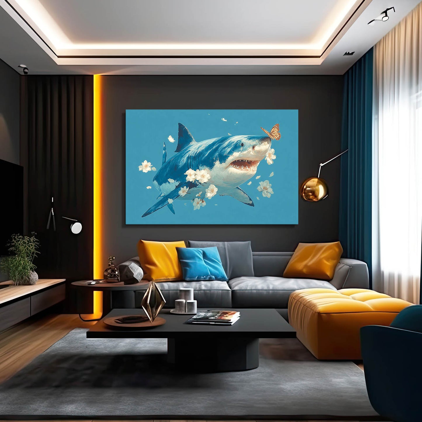 Cute Floral Blue Shark Prints – styled in a furnished interior