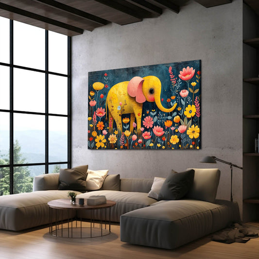 Cute Floral Elephant Art — contemporary canvas print in blue tones, view 3