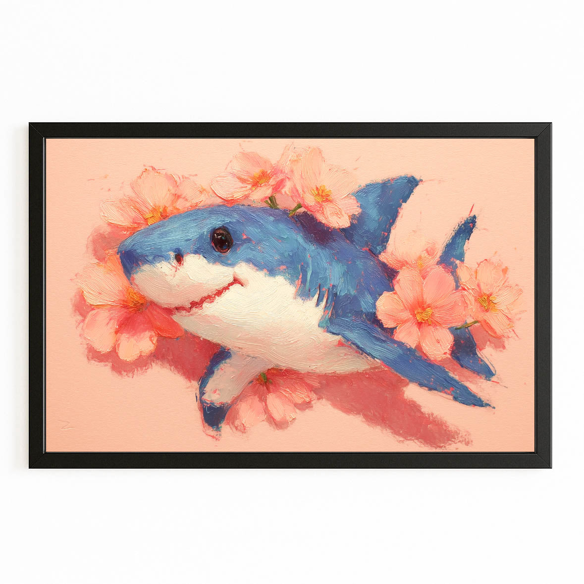 Cute Floral Shark Art – with Premium Black frame on white background