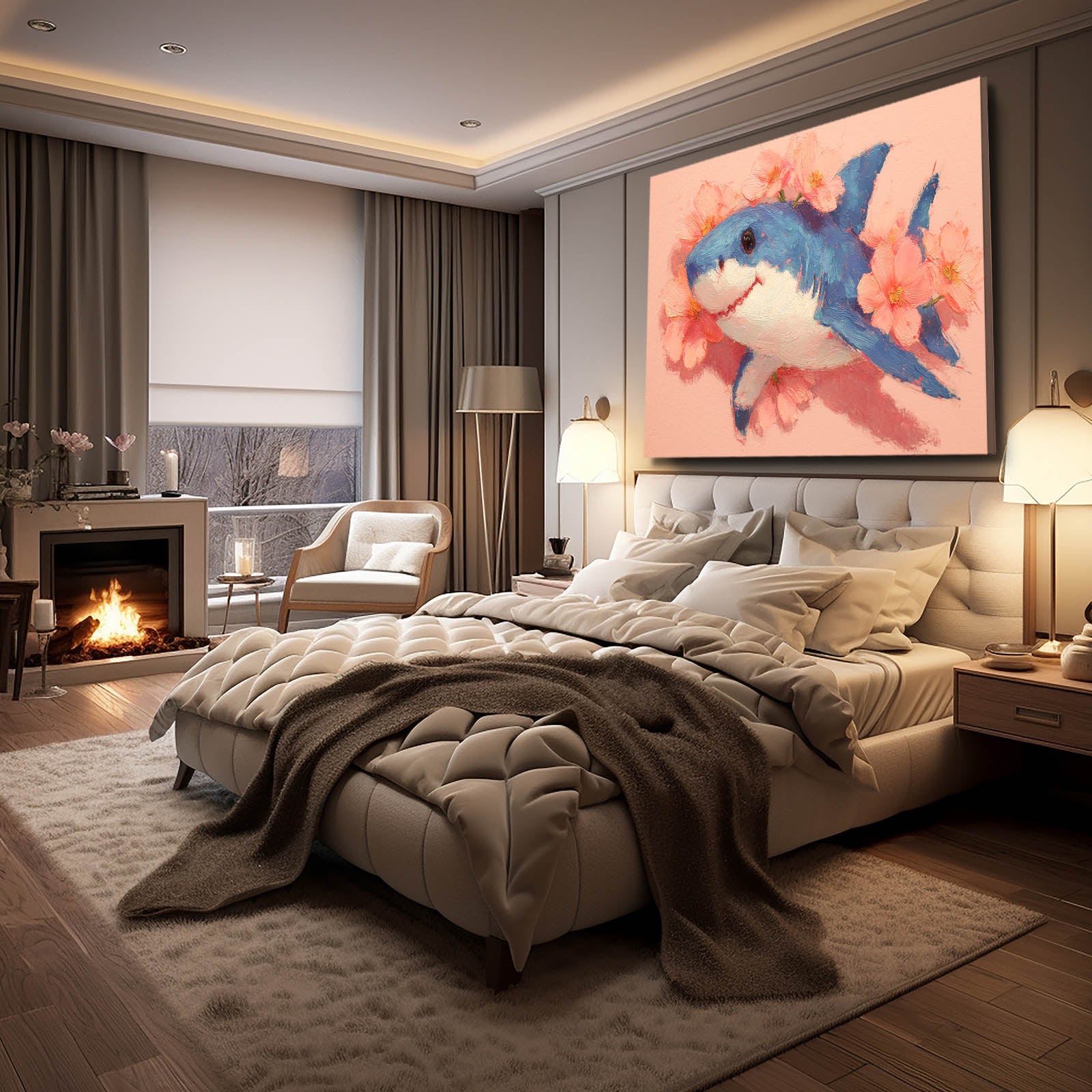 Cute Floral Shark Art – styled in a furnished interior