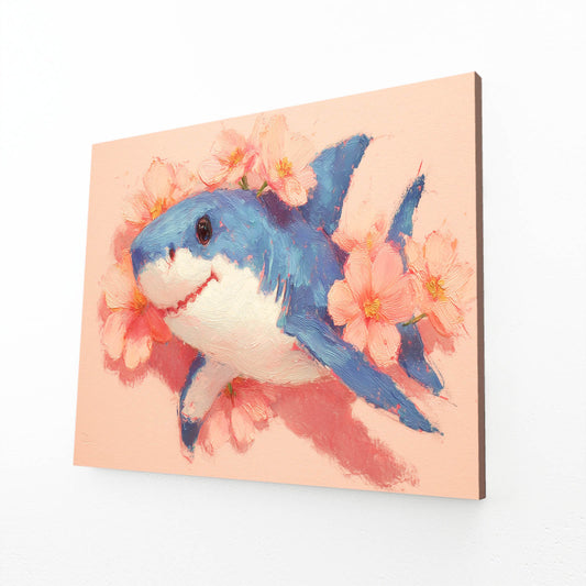 Cute Floral Shark Art – angled canvas view on white background