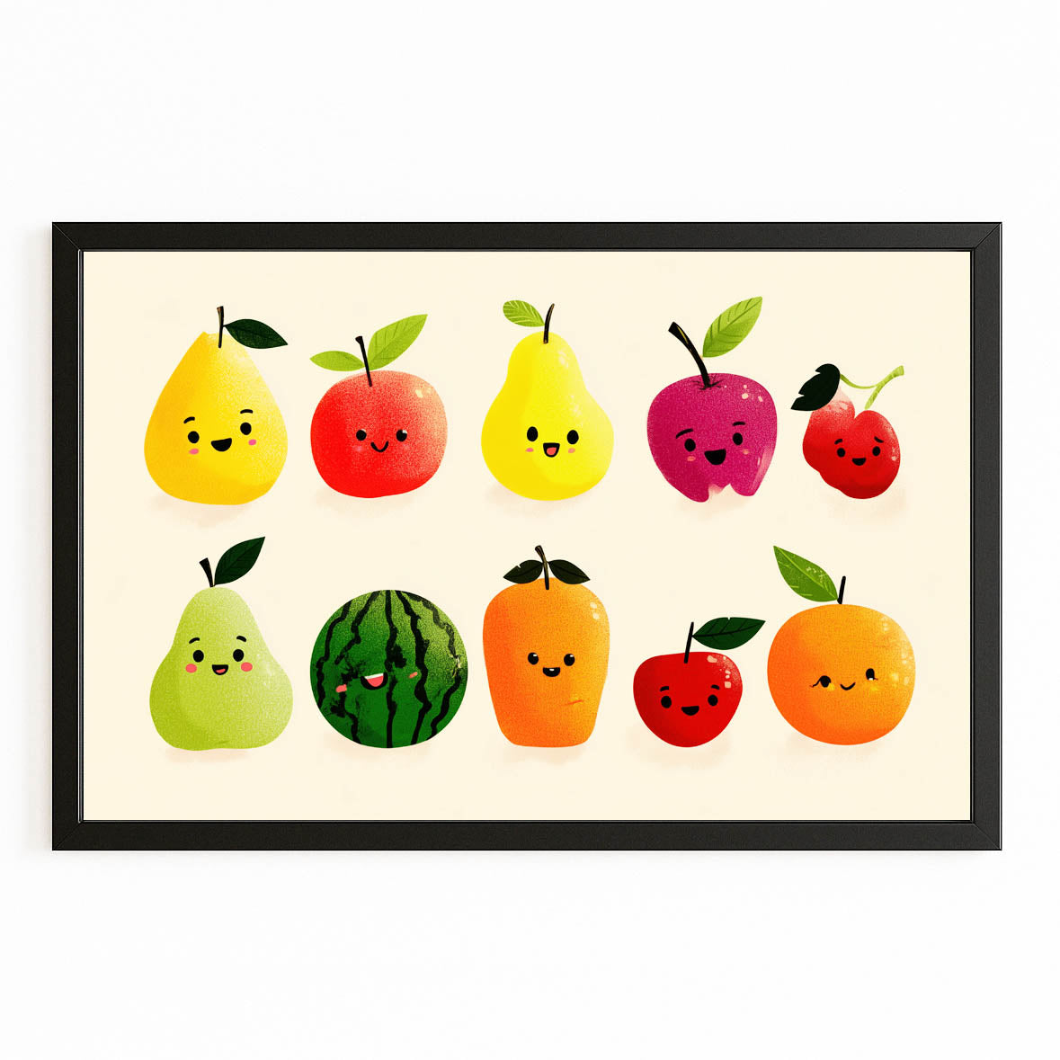 Cute Fruit Friends Wall Art – with Premium Black frame on white background