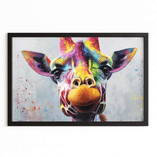 Colorful giraffe painting with a black frame on a white background