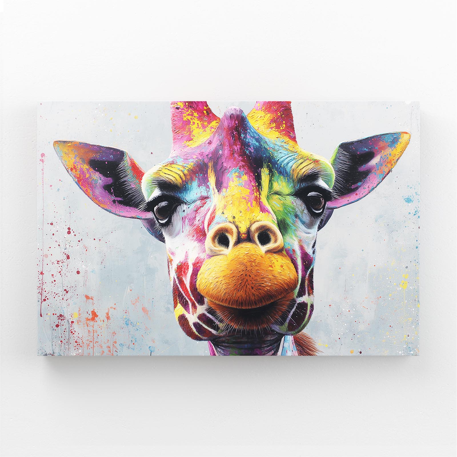 Colorful painting of a giraffe's face on a white background