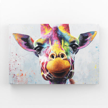 Colorful painting of a giraffe's face on a white background